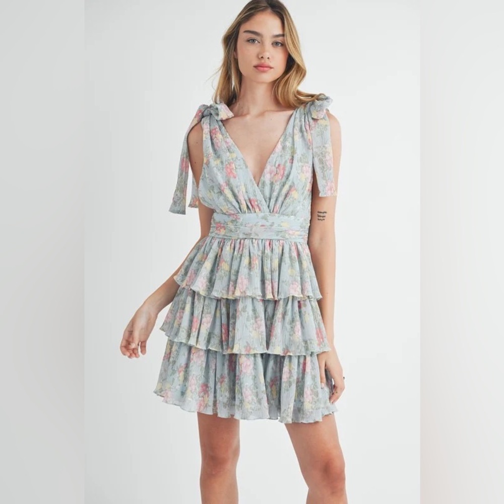 J.LBK Pastel Mint Floral Mini Dress with Tie Shoulders
